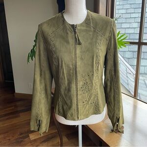 Double D Ranch Olive Green Genuine Suede Leather Floral Detail Jacket size XS